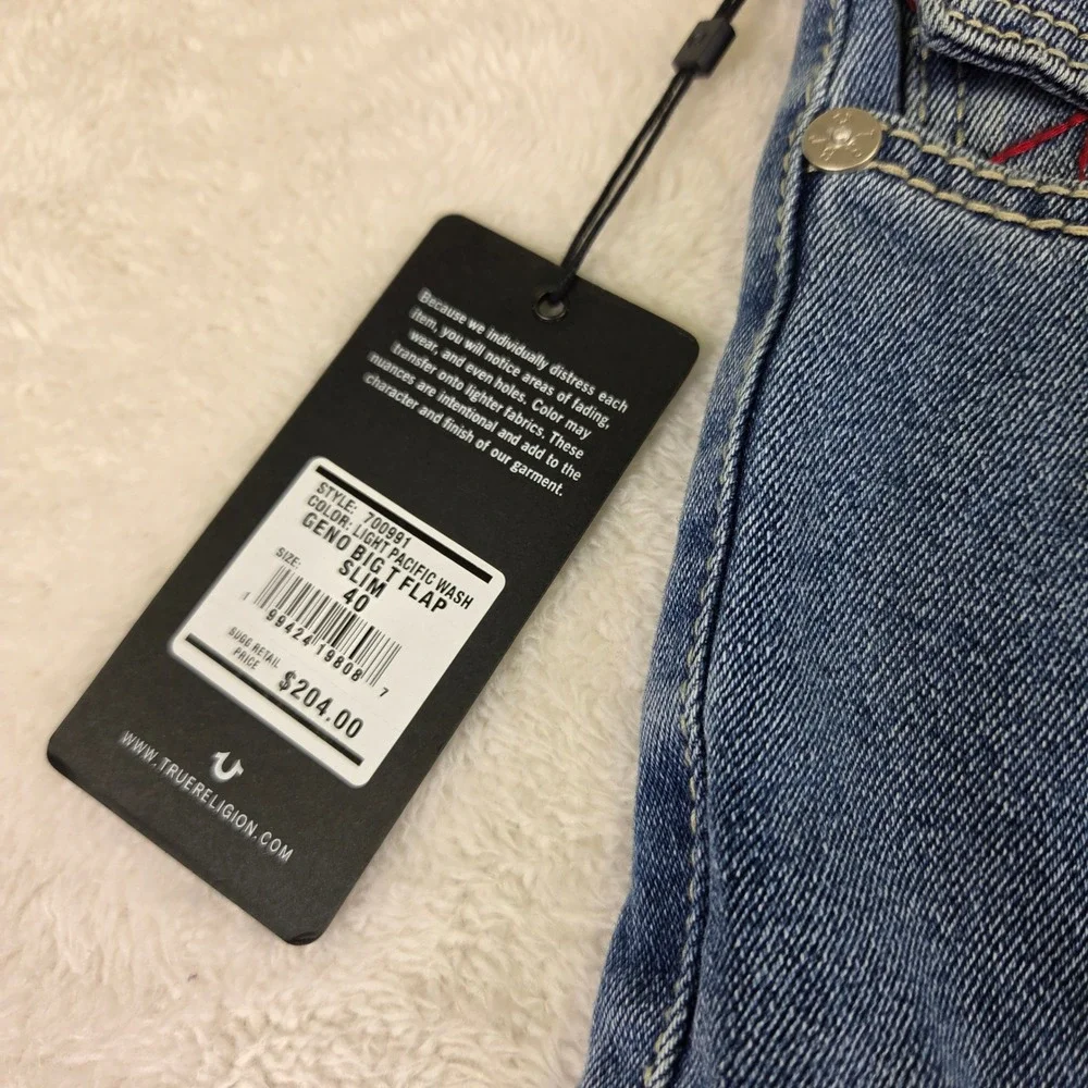 True Religion Ricky Straight Leg Blue Jeans Red Horseshoe Flap Pocket Mens 40